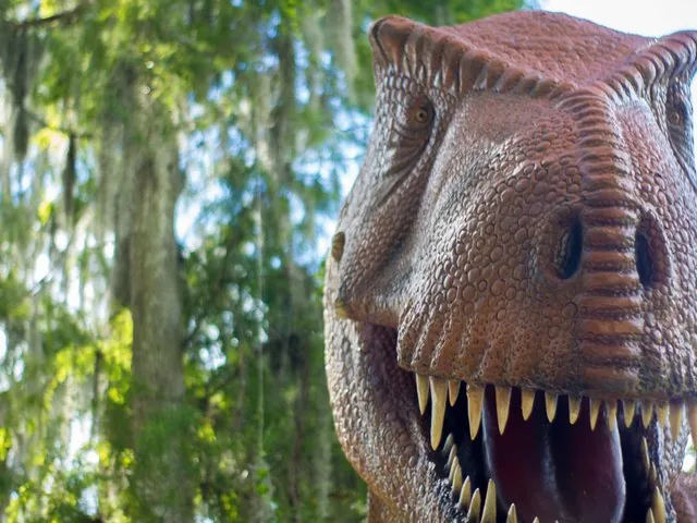 Een close-up van een groot, bruin dinosaurusmodel in een bosachtige omgeving.