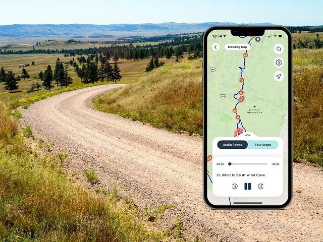 A dirt road winds through a grassy landscape with a smartphone displaying a map.